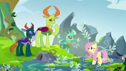 Size: 1920x1080 | Tagged: safe, screencap, cornicle, fluttershy, pharynx, thorax, changedling, changeling, pegasus, pony, school daze, background changeling, changedling brothers, changeling king, discovery family logo, female, king thorax, male, prince pharynx