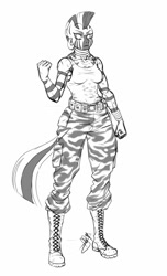 Size: 700x1149 | Tagged: safe, artist:pia-sama, zecora, anthro, plantigrade anthro, zebra, comic:rogue diamond, abs, army boots, boots, camouflage, grayscale, monochrome, muscles, simple background, solo, white background