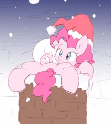 Size: 1829x2048 | Tagged: safe, artist:akainu_pony, pinkie pie, pony, chimney, christmas, clothes, costume, female, hat, holiday, mare, sack, santa costume, santa hat, santa sack, snow, solo