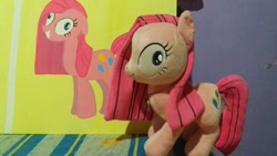 Size: 960x540 | Tagged: safe, pinkie pie, earth pony, pony, female, mare, painting, pink coat, pink mane, pinkamena diane pie, plushie