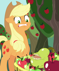 Size: 1500x1800 | Tagged: safe, artist:iraecoal, applejack, earth pony, pony, apple, apple tree, biting pear of salamanca, bucket, floppy ears, food, frown, gritted teeth, pear, scared, solo, this will end in pear juice