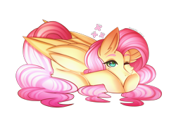 Size: 3500x2485 | Tagged: safe, artist:kurochhi, fluttershy, pegasus, pony, cute, female, mare, one eye closed, prone, shyabetes, simple background, solo, transparent background