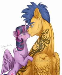 Size: 400x480 | Tagged: safe, artist:rossignolet, flash sentry, twilight sparkle, twilight sparkle (alicorn), alicorn, pony, buff, female, flash hunktry, flashlight, kissing, male, muscles, shipping, straight, tattoo, torn ear, watermark