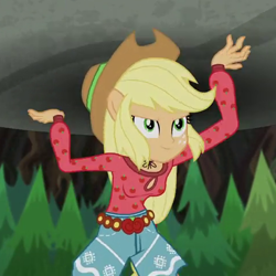 Size: 480x480 | Tagged: safe, screencap, applejack, equestria girls, legend of everfree, camp fashion show outfit, cropped, freckles, ponied up, rock, solo, super strength, tree