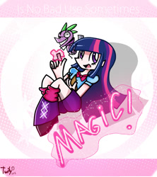 Size: 681x767 | Tagged: safe, artist:twilytrinky, derpibooru import, spike, twilight sparkle, equestria girls, rainbow rocks, chuck, magic, panty and stocking with garterbelt, style emulation