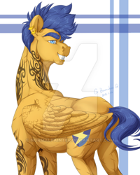 Size: 400x500 | Tagged: safe, artist:rossignolet, flash sentry, pony, buff, flash hunktry, male, muscles, solo, tattoo, watermark