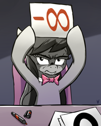 Size: 1000x1250 | Tagged: safe, artist:php87, octavia melody, earth pony, pony, bloom and gloom, chair, female, frown, glare, hoof hold, infinity, infinity symbol, judges, looking at you, mare, marker, negative infinity, octavia is not amused, sitting, solo, table, unamused