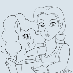 Size: 800x800 | Tagged: safe, artist:empyu, pinkie pie, earth pony, pony, beauty and the beast, belle, crossover, disney, female, mare, monochrome, simple background, sketch, smiling