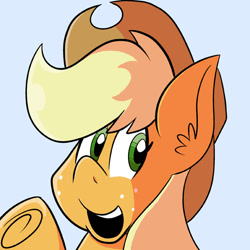 Size: 576x576 | Tagged: safe, artist:pembroke, applejack, earth pony, pony, bust, looking at you, open mouth, portrait, simple background, smiling, solo