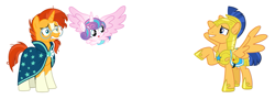 Size: 909x329 | Tagged: safe, flash sentry, princess flurry heart, sunburst, alicorn, pegasus, pony, unicorn, armor, crystal heart trio, cute, flurrybetes, imminent crash, incoming, oh crap, raised hoof, simple background, this will end in laughs, this will end in pain, uh oh, uncle flash, uncle sunburst, white background