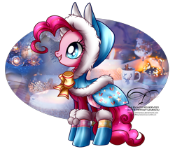 Size: 1300x1106 | Tagged: safe, artist:tiffanymarsou, pinkie pie, earth pony, pony, cinnamon, cinnamon sticks, clothes, female, hood, hooded cape, mare, solo, winter