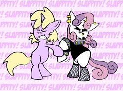 Size: 576x429 | Tagged: safe, artist:pembroke, dinky hooves, sweetie belle, ask meanie belle, meanie belle, meanie vs dinky, sissy slap fight, tumblr