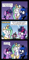 Size: 1300x2632 | Tagged: safe, artist:bobthedalek, princess celestia, princess luna, smarty pants, twilight sparkle, twilight sparkle (alicorn), unicorn twilight, alicorn, pony, unicorn, lesson zero, the summer sun setback, captain obvious, comic, dialogue, heart, magic, messy mane, speech bubble, sweat, truth revealed, twilight snapple, twilynanas