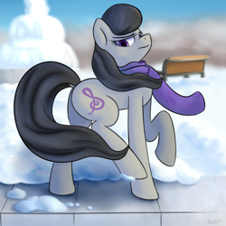 Size: 1200x1200 | Tagged: safe, artist:rivibaes, octavia melody, earth pony, pony, annoyed, backwards cutie mark, bench, clothes, dock, fountain, raised leg, scarf, snow, solo, winter