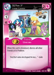 Size: 360x503 | Tagged: safe, artist:pixelkitties, dj pon-3, ms. harshwhinny, octavia melody, spike, vinyl scratch, dragon, earth pony, pony, absolute discord, bass cannon, card, ccg, enterplay