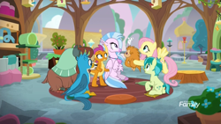 Size: 1920x1080 | Tagged: safe, screencap, fluttershy, gallus, ocellus, sandbar, silverstream, smolder, yona, changedling, changeling, classical hippogriff, dragon, earth pony, griffon, hippogriff, mouse, pegasus, pony, pukwudgie, yak, school daze, bird feeder, bird house, cat tower, classroom, disguise, disguised changeling, female, habitrail, male, potted plant, school of friendship, sitting, student six, teenager