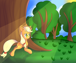 Size: 2300x1900 | Tagged: safe, artist:pogromczynimasla, applejack, earth pony, pony, cowboy hat, crepuscular rays, female, freckles, grass field, hat, mare, scenery, solo, stetson, tree