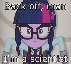 Size: 400x360 | Tagged: safe, derpibooru import, screencap, sci-twi, twilight sparkle, equestria girls, friendship games, ghostbusters, glasses, hiding, image macro, magic capture device, meme, scientist, sneaking