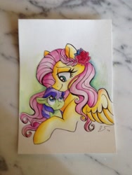 Size: 1024x1365 | Tagged: safe, artist:dreamscapevalley, fluttershy, oc, oc:blossom, pegasus, pony, female, filly, flower, flower in hair, fluttermom, hug, mother and child, mother and daughter, offspring, parent and child, parent:big macintosh, parent:fluttershy, parents:fluttermac, traditional art