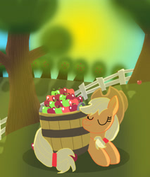 Size: 2578x3030 | Tagged: safe, artist:tacomytaco, applejack, earth pony, pony, apple, basket, bushel basket, cute, eyes closed, food, hat, jackabetes, snuggling, solo, sweet apple acres, tree