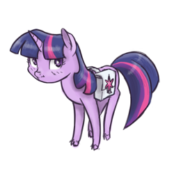 Size: 900x900 | Tagged: safe, artist:king-kakapo, derpibooru import, twilight sparkle, unicorn twilight, pony, unicorn, cloven hooves, female, mare, saddle bag, scrunchy face, simple background, solo, unshorn fetlocks, white background