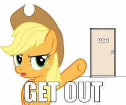 Size: 600x500 | Tagged: safe, artist:kryptonpony, applejack, earth pony, pony, get out, image macro, meme, reaction image, solo