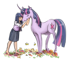 Size: 750x649 | Tagged: safe, artist:king-kakapo, derpibooru import, twilight sparkle, butterfly, classical unicorn, horse, human, pony, barefoot, clothes, curved horn, cute, eyes closed, feet, female, flower, hug, human female, human ponidox, humanized, mare, nuzzling, self ponidox, simple background, smiling, unshorn fetlocks, white background