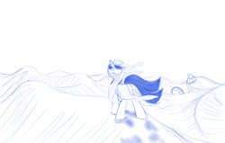 Size: 4400x2800 | Tagged: safe, artist:trinixtri, derpibooru import, twilight sparkle, pony, tatzlwurm, unicorn, cape, clothes, desert, dune, glasses, monochrome, sketch