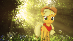 Size: 2560x1440 | Tagged: safe, artist:melodycloud14, applejack, earth pony, pony, 3d, applejack's hat, bandana, cowboy hat, crepuscular rays, female, forest, hair tie, hair ties, hat, looking at you, mare, neckerchief, scenery, smiling at you, solo