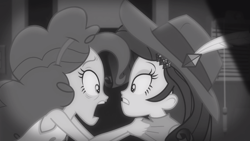 Size: 1272x716 | Tagged: safe, screencap, pinkie pie, rarity, better together, equestria girls, rarity investigates: the case of the bedazzled boot, grayscale, monochrome, rarity investigates (eqg): pinkie pie