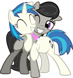 Size: 931x996 | Tagged: safe, artist:warpout, dj pon-3, octavia melody, vinyl scratch, earth pony, pony, unicorn, bowtie, cute, cutie mark, eyes closed, female, grin, hooves, horn, hug, lesbian, mare, nuzzling, one eye closed, scratchtavia, shipping, simple background, smiling, teeth, transparent background, vector, wink