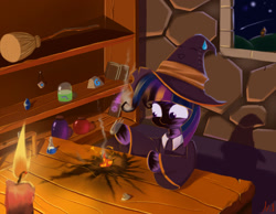 Size: 1290x1000 | Tagged: safe, artist:nod, derpibooru import, twilight sparkle, broom, burned, candle, erlenmeyer flask, explosion, hat, night, shooting star, stars, witch, witch hat