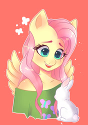 Size: 1200x1700 | Tagged: safe, artist:mad-scientist-kitten, angel bunny, fluttershy, anthro, pegasus, clothes, cute, cutie mark on clothes, duo, female, mare, shirt, shyabetes, smiling, t-shirt