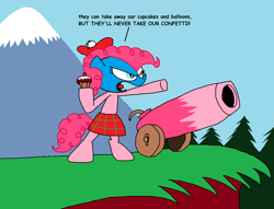 Size: 1776x1358 | Tagged: safe, artist:trc-tooniversity, pinkie pie, earth pony, pony, braveheart, cupcake, female, food, hill, makeup, mare, movie parody, movie reference, ms paint, parody, party cannon, scotland, solo, standing