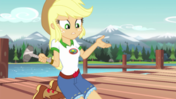 Size: 1280x720 | Tagged: safe, screencap, applejack, equestria girls, legend of everfree, boots, camp everfree outfits, cowboy boots, cowboy hat, cute, denim shorts, female, freckles, hammer, hat, lake, mountain, pier, solo, stetson, tree