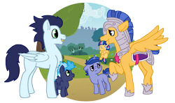 Size: 2013x1195 | Tagged: safe, artist:kittentrash, flash sentry, soarin', oc, oc:ink streak, oc:periwinkle, oc:star swirl, pegasus, pony, unicorn, armor, baby, baby pony, blank flank, colt, female, filly, male, missing cutie mark, mouth hold, offspring, parent:flash sentry, parent:rainbow dash, parent:soarin', parent:twilight sparkle, parents:flashlight, parents:soarindash, simple background, transparent background