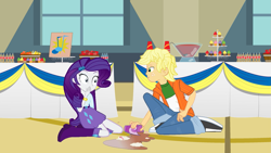 Size: 1385x779 | Tagged: safe, artist:hectorcabz, applejack, applejack (male), rarity, equestria girls, apple cider, banana, boots, bracelet, cider, clothes, cup, cupcake, equestria guys, female, half r63 shipping, high heel boots, jewelry, male, milkshake, orange, punch (drink), punch bowl, rarijack (straight), rule 63, shipping, shoes, straight, table