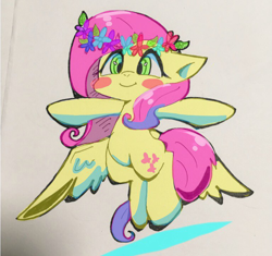 Size: 768x721 | Tagged: safe, artist:asg, fluttershy, pegasus, pony, cute, female, flower, headband, looking at you, mare, shyabetes, solo, traditional art