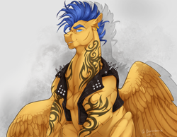 Size: 1024x796 | Tagged: safe, artist:rossignolet, flash sentry, pony, buff, clothes, flash hunktry, jacket, male, muscles, punk, solo, tattoo