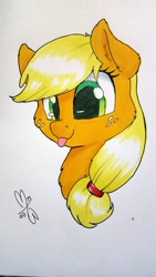 Size: 1080x1920 | Tagged: safe, artist:malwinters, applejack, earth pony, pony, bust, cute, missing accessory, portrait, solo, tongue out, traditional art