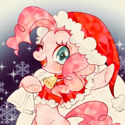 Size: 768x768 | Tagged: safe, artist:bbtasu, pinkie pie, earth pony, pony, bell, christmas, collar, cute, diapinkes, female, hat, holiday, looking at you, mare, one eye closed, open mouth, santa hat, santa sack, smiling, snow, snowflake, wink