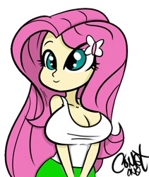 Size: 600x710 | Tagged: safe, artist:comet0ne, fluttershy, equestria girls, big breasts, breasts, cartoon, cleavage, clothes, cute, digital art, drawing tablet, female, hairpin, hootershy, huge breasts, shyabetes, simple background, smiling, solo, tanktop, white background