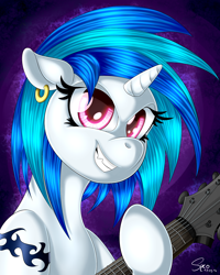 Size: 2000x2500 | Tagged: safe, artist:sycoartworks, dj pon-3, vinyl scratch, pony, unicorn, earring, guitar, metal, solo, tattoo