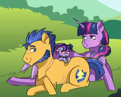 Size: 1280x1024 | Tagged: safe, artist:kitkatsart, flash sentry, twilight sparkle, twilight sparkle (alicorn), oc, oc:aura sparkle, alicorn, unicorn, amputee, ethereal mane, family, female, filly, flashlight, male, missing limb, offspring, parent:flash sentry, parent:twilight sparkle, parents:flashlight, pigtails, scar, shipping, starry mane, straight, stump