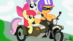 Size: 1280x720 | Tagged: safe, artist:jbond, apple bloom, scootaloo, sweetie belle, cutie mark crusaders, helmet, motorcycle