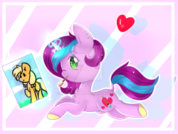 Size: 1024x768 | Tagged: safe, artist:twily-star, applejack, oc, oc:artsy fantasy, earth pony, pony, unicorn, drawing, female, heart, magic, mare, mouth hold, paintbrush, prone, watermark