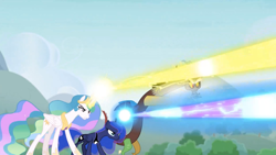 Size: 1920x1080 | Tagged: safe, screencap, discord, princess celestia, princess luna, alicorn, pony, the ending of the end, blast, female, leak, magic, magic beam, magic blast, mare