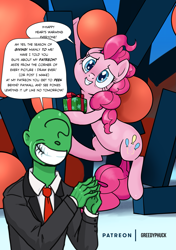 Size: 1353x1920 | Tagged: safe, artist:pencils, pinkie pie, oc, oc:anon, human, pony, dialogue, grin, hands together, necktie, patreon, present, satire, smiling, speech