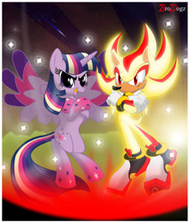 Size: 1110x1300 | Tagged: safe, artist:brodogz, derpibooru import, twilight sparkle, twilight sparkle (alicorn), alicorn, pony, bipedal, commission, crossover, female, mare, rainbow power, shadow the hedgehog, sonic the hedgehog (series), super shadow