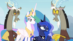 Size: 1920x1080 | Tagged: safe, screencap, discord, princess celestia, princess luna, alicorn, pony, the ending of the end, leak